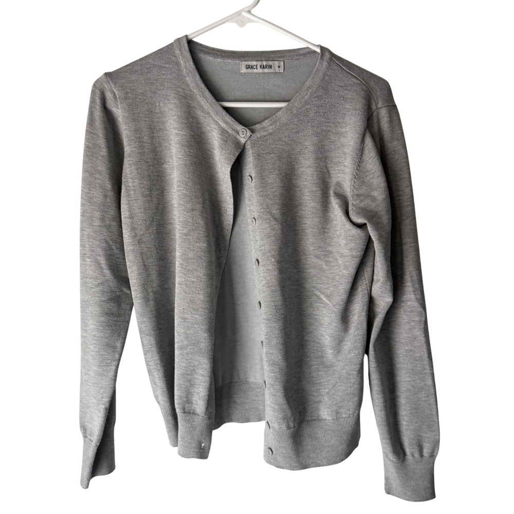 Grace Karin Womens Cardigan‎ Sweater Gray V Neck Button Front Knit Preppy Medium